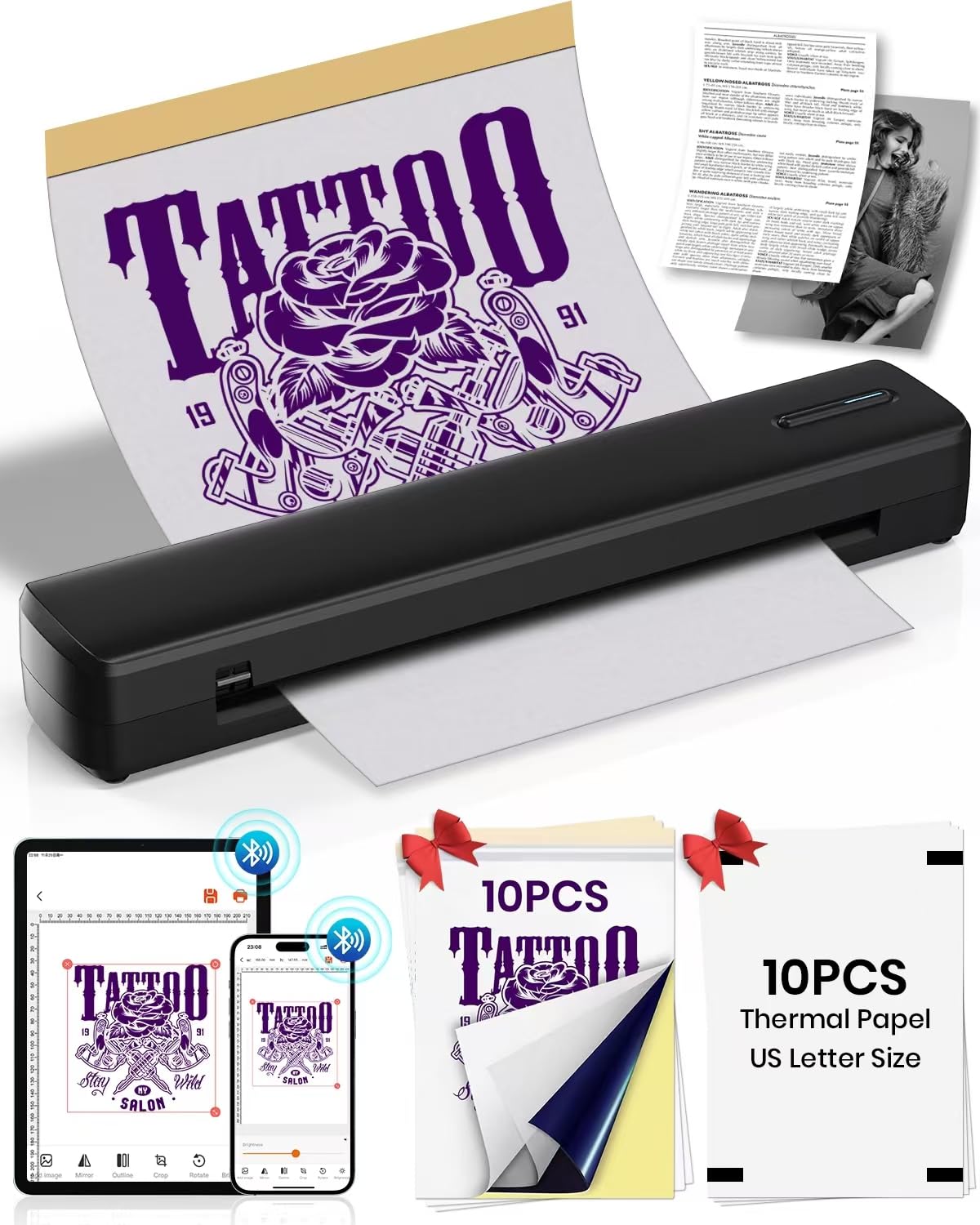 BESTECCT Wireless Tattoo Stencil Printer with 10 pcs of Transfer Paper&10 pcs US Letter Paper,Tattoo Printer Machine for Tattoo Artists& Beginners,Compatible with Phone&PC