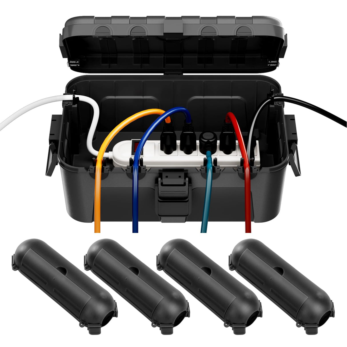 RESTMO IP54 Extra Large Outdoor Box w/ 6 Cable Seal Entry, Bundle w/ 4 Small Weatherproof Extension Cord Safety Cover, Protect Power Strip, Timer Outlet Plug, Christmas Decoration, Black.