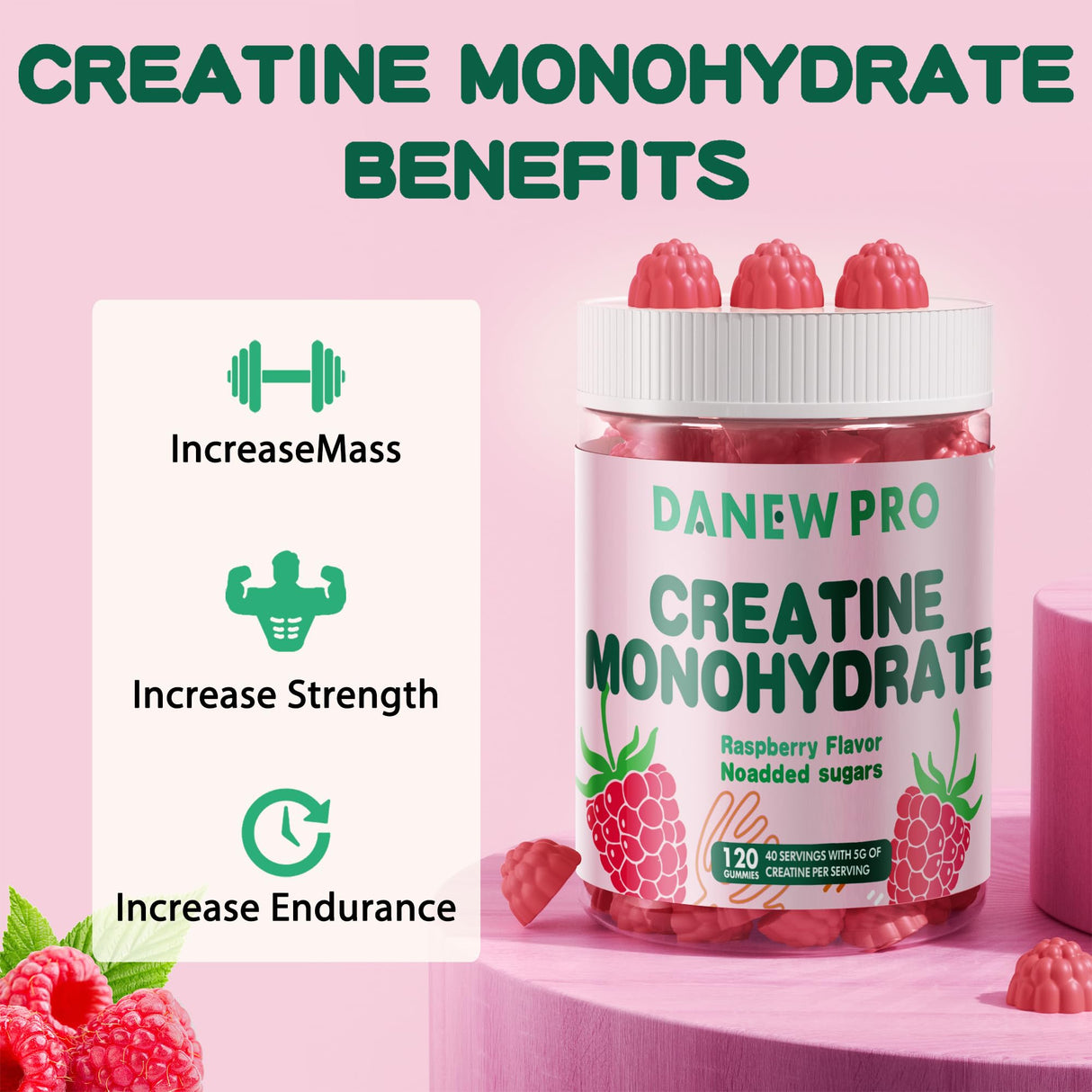 DANEW Pro Creatine Monohydrate Gummies for Men & Women-5g of Creatine Monohydrate per Serving - Sugar Free,Vegan, Raspberry Flavor, 120 Count