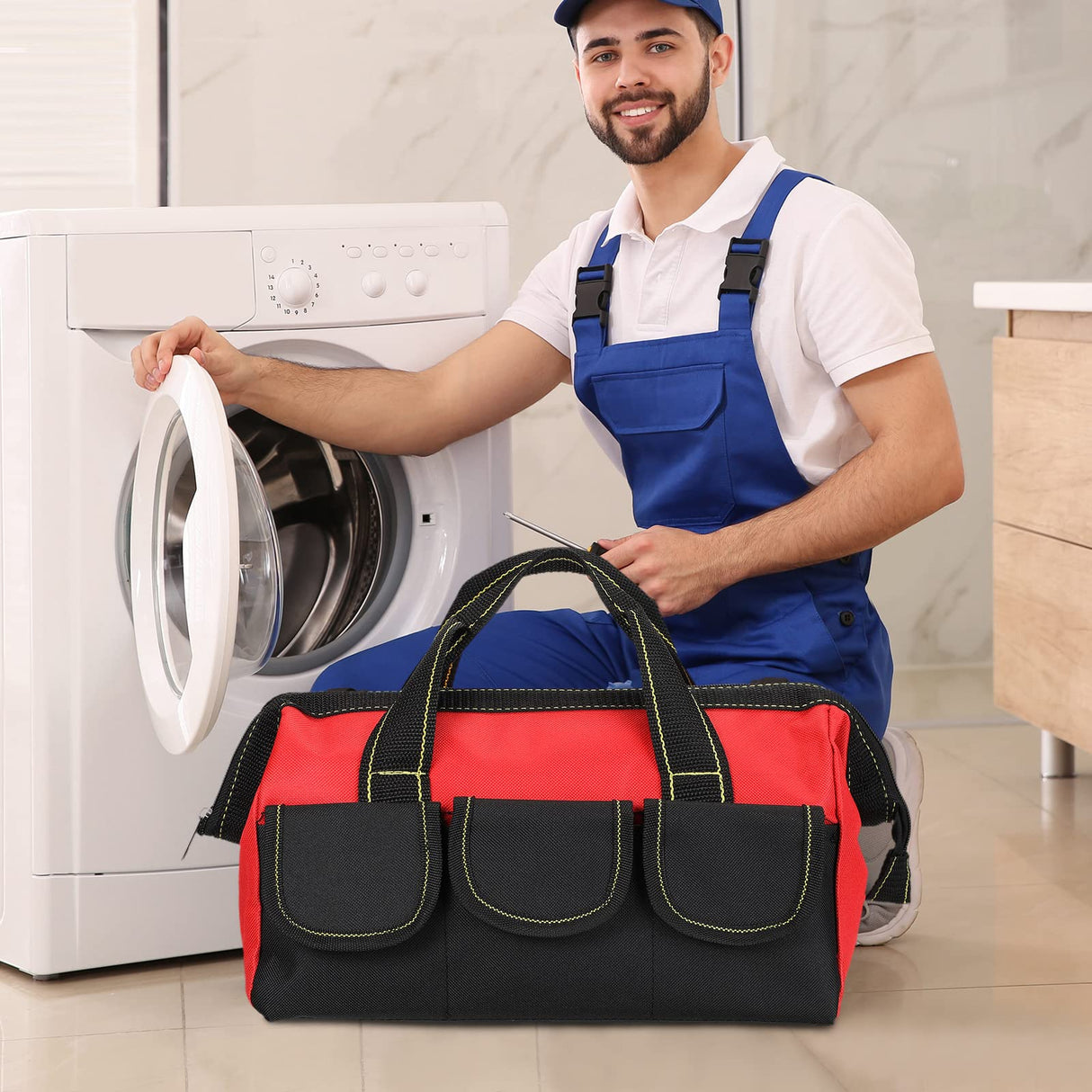 Sanwuta 3 Pack Tool Bag for Men with Waterproof Hard Bottom, Heavy Duty Tool Bag Wide Mouth Tote for Various Instrument, Electrician Carpenter Mechanic(Blue, Red, Yellow,13 Inch,Classic)