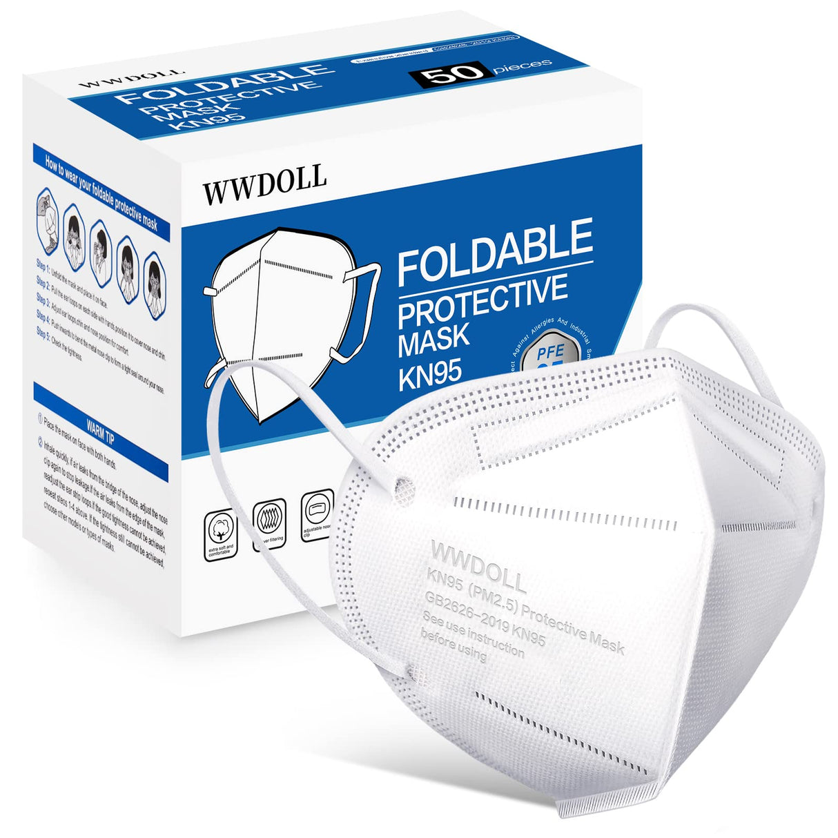 WWDOLL KN95 Face Mask 50 Pack, KN95 Masks 5-Layer Breathable Mask with Elastic Earloop and Nose Bridge Clip, Disposable Respirator Protection Against PM2.5 White