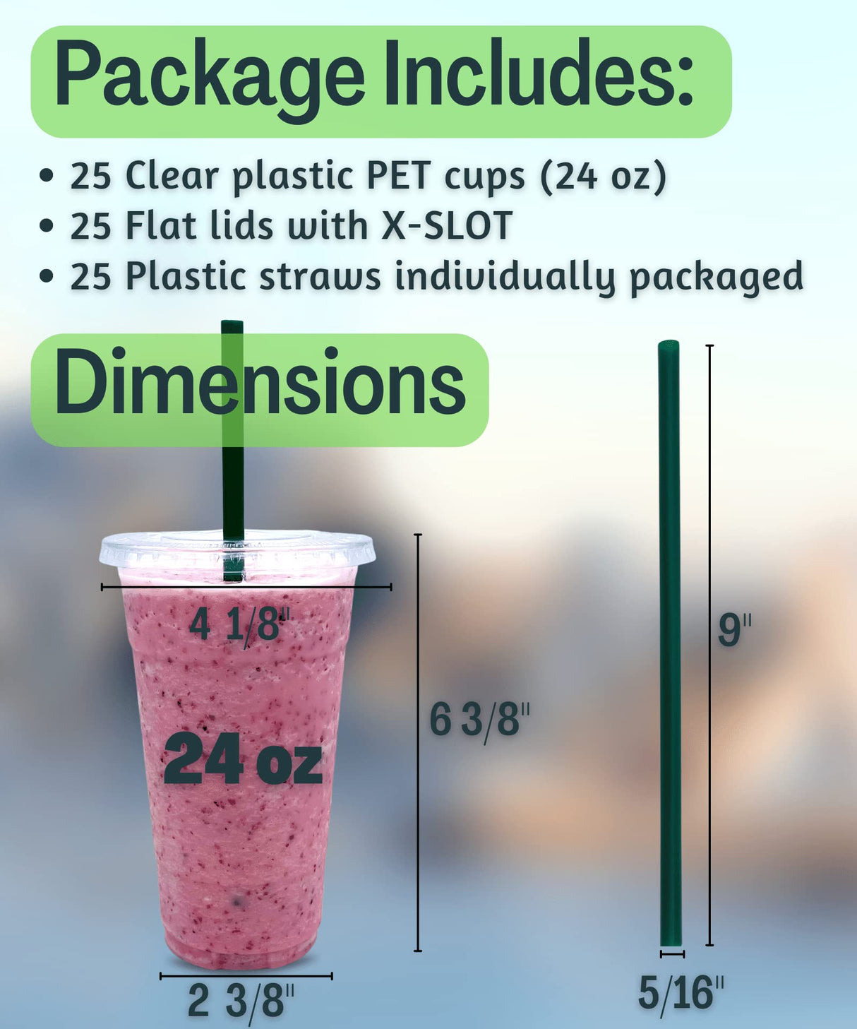 24 oz Clear Plastic Cups with Lids and STRAWS, Disposable Drinking Cups for Cold Drinks, Iced Coffee, Milkshakes, Smoothies, 25 Sets