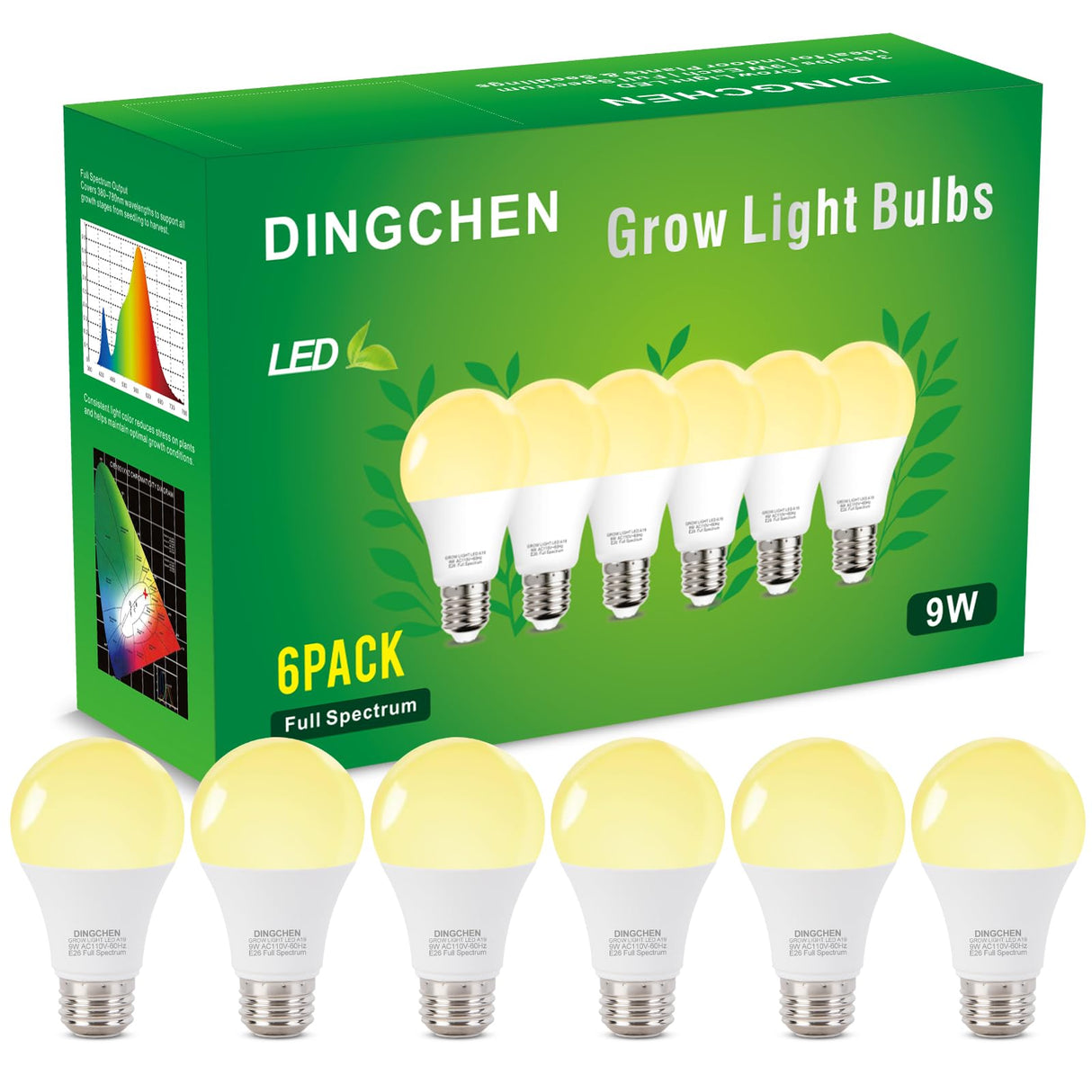 DingChen Grow Light Bulbs, A19 Full Spectrum Light Bulb, 9W Plant Grow Lights Bulbs (100W Equivalent), E26 Base, for Indoor Plants, Herbs, Flowers, Vegetables, 6 Pack