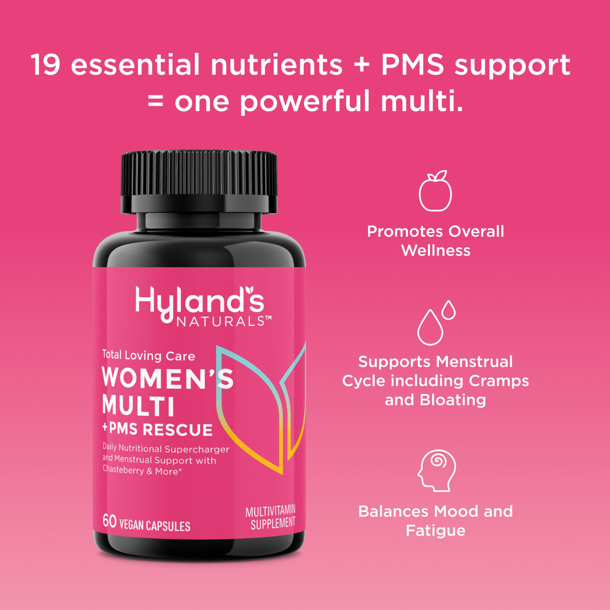 Hyland's Total Loving Care Multivitamin for Women and PMS Rescue, 60 Vegan Capsules with L-Theanine for Focus and Stress Relief Support with Chasteberry and Dong Quai for Menstrual Support