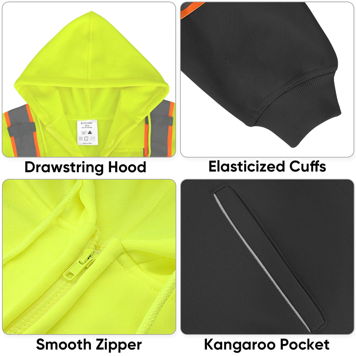 TICONN High Visibility Safety Sweatshirt Hoodie, Reflective Hi-Vis ANSI Class 3 Fleece Zippered Hooded Jacket with Black Bottom for men and women (Yellow&Black, L)