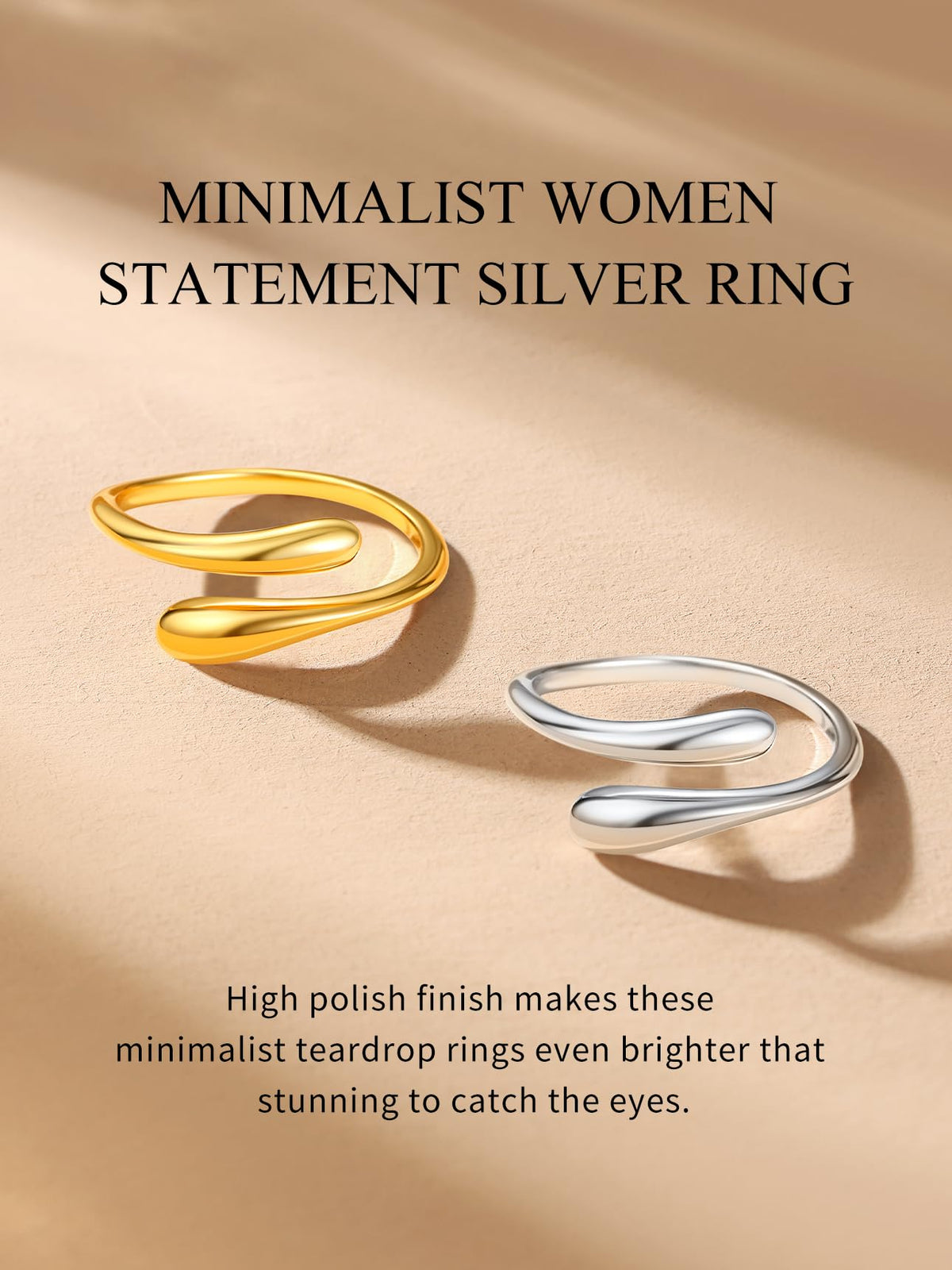 Bestyle Silver Ring for Women - 925 Sterling Silver Finger Wrap Teardrop Rings Minimalist Adjustable Open Rings for Women Simple Women Stacking Band Ring