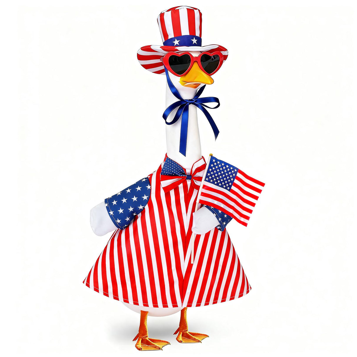 bomis Veterans Day Patriotic Porch Goose Outfits for 23 Inch Lawn Statue – Veteran Tribute Goose Costume with Red Heart Sunglasses, Star‑Striped Top Hat, Handheld American Flag