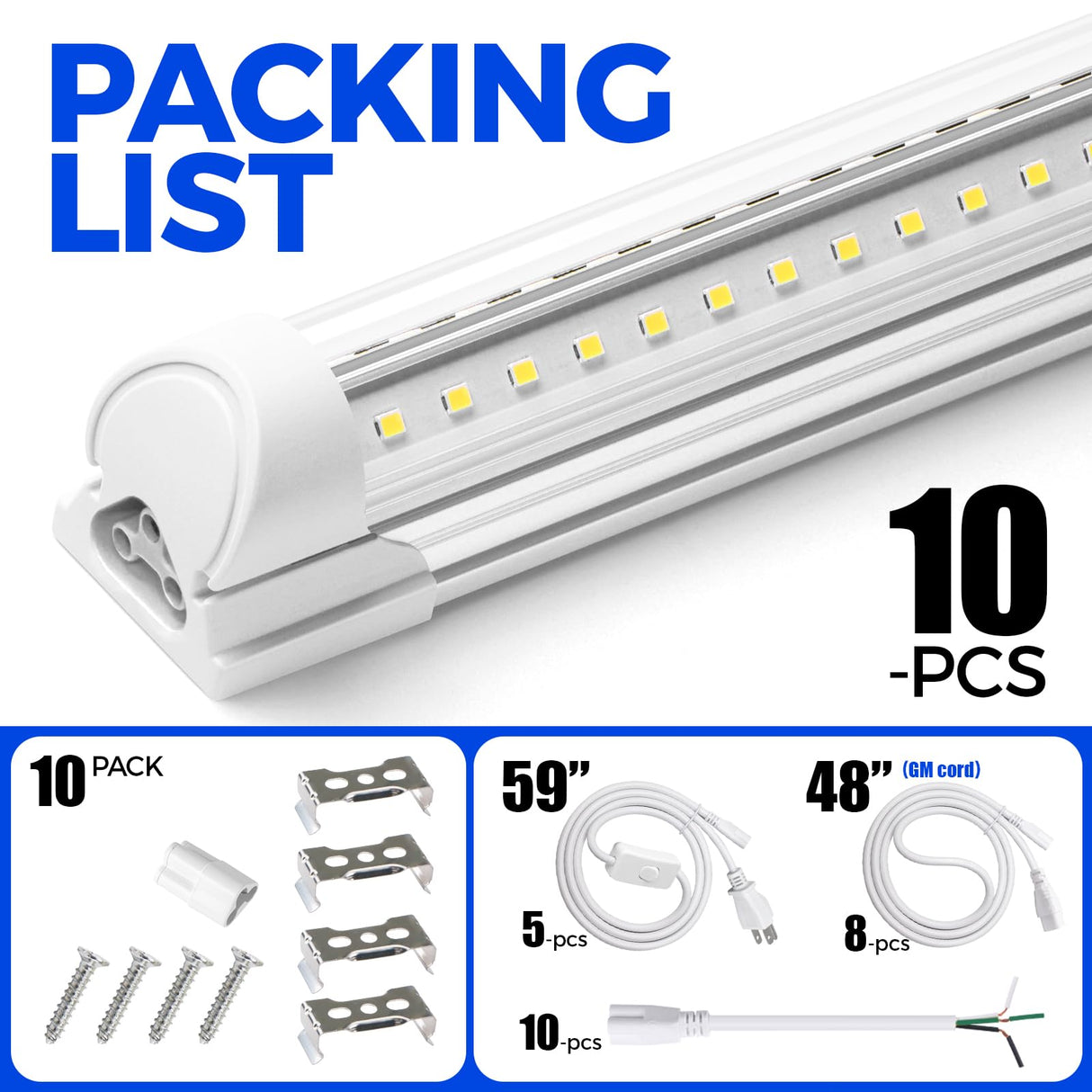 Barrina LED Shop Lights, 8FT 72W 10000LM 5000K, Daylight White, V Shape, Clear Cover, High Output, Linkable, T8 LED Tube Light, for Garage 8 Foot with Plug (Pack of 10)
