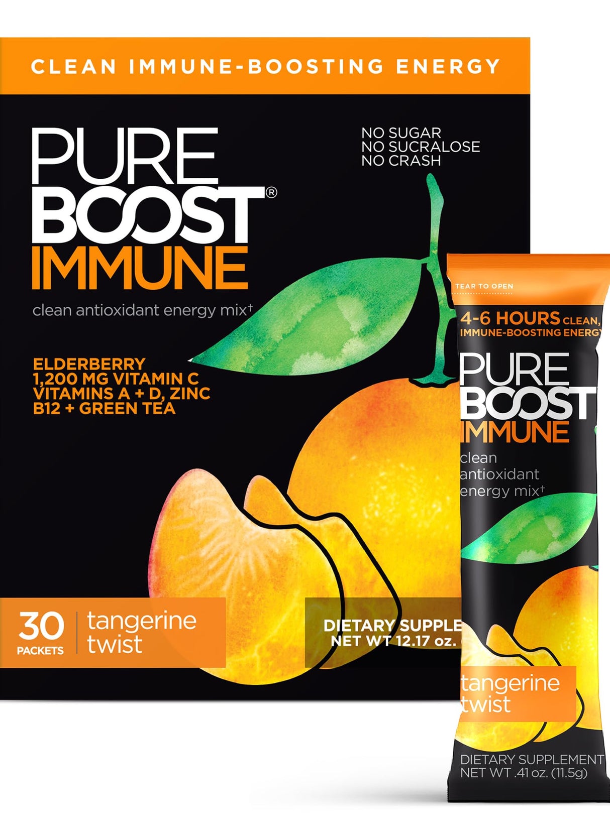 Pureboost Immune Clean Energy Booster, Refreshing Energy Drink Mix and Immunity Supplement with Elderberry, 1,200 mg Vitamin C, Vitamins A + D, and Zinc. (Tangerine Twist, 30 Count)