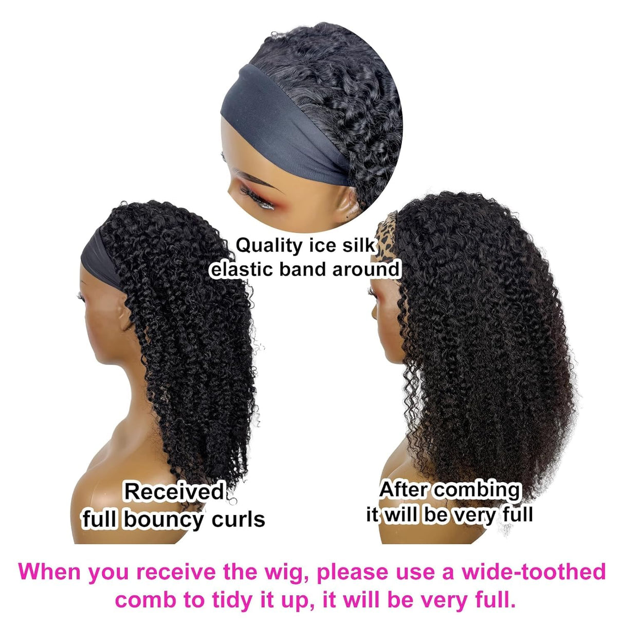 Kinky Curly Headband Wig Human Hair 20 Inch Headband Wigs for Women Human Hair Glueless None Lace Front Curly Wave Wigs Brazilian Virgin Hair Wear and Go Glueless Wig 150% Density Natural Black Color