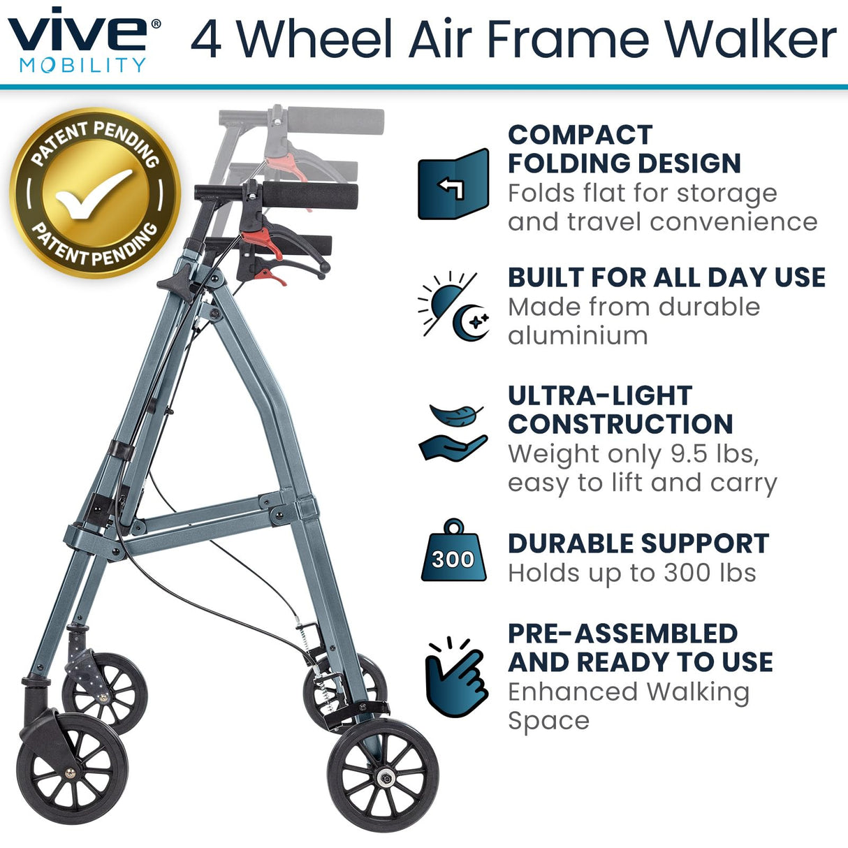 Vive Mobility Lightweight Walker for Seniors - Narrow, Folding Walker w/Wheels for Small & Tight Spaces - Light Weight for Balance, Compact Doorways, Foldable - Portable & Collapsible for Travel