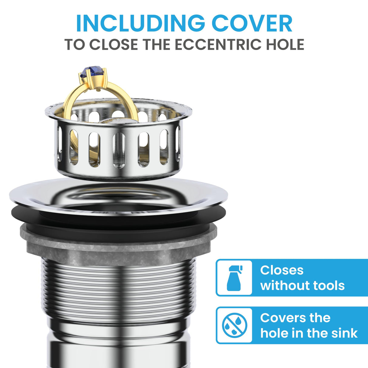 Bächlein Pop-Up Drain Fitting for the Sink, Diameter 70 mm without Overflow, Kitchen Sink, Polished Stainless Steel, Strainer Basket Valve, Basket Valve