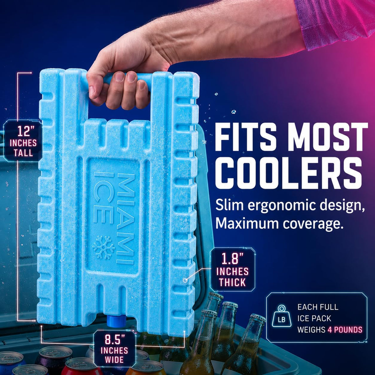 Miami Ice XL Reusable Ice Packs for Cooler (12"x9") - Replaces 14 lbs of Ice, Stays Cold up to 96 Hours, BPA-Free, Built-in Handle, Large Frozen Cooler Ice Packs - 2 Pack