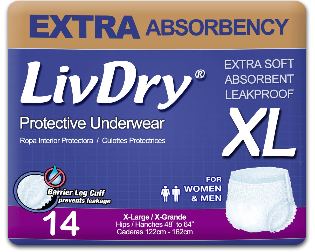 LivDry Adult XL Incontinence Underwear, Extra Absorbency Adult Diapers, Leak Protection, X-Large, 14-Pack
