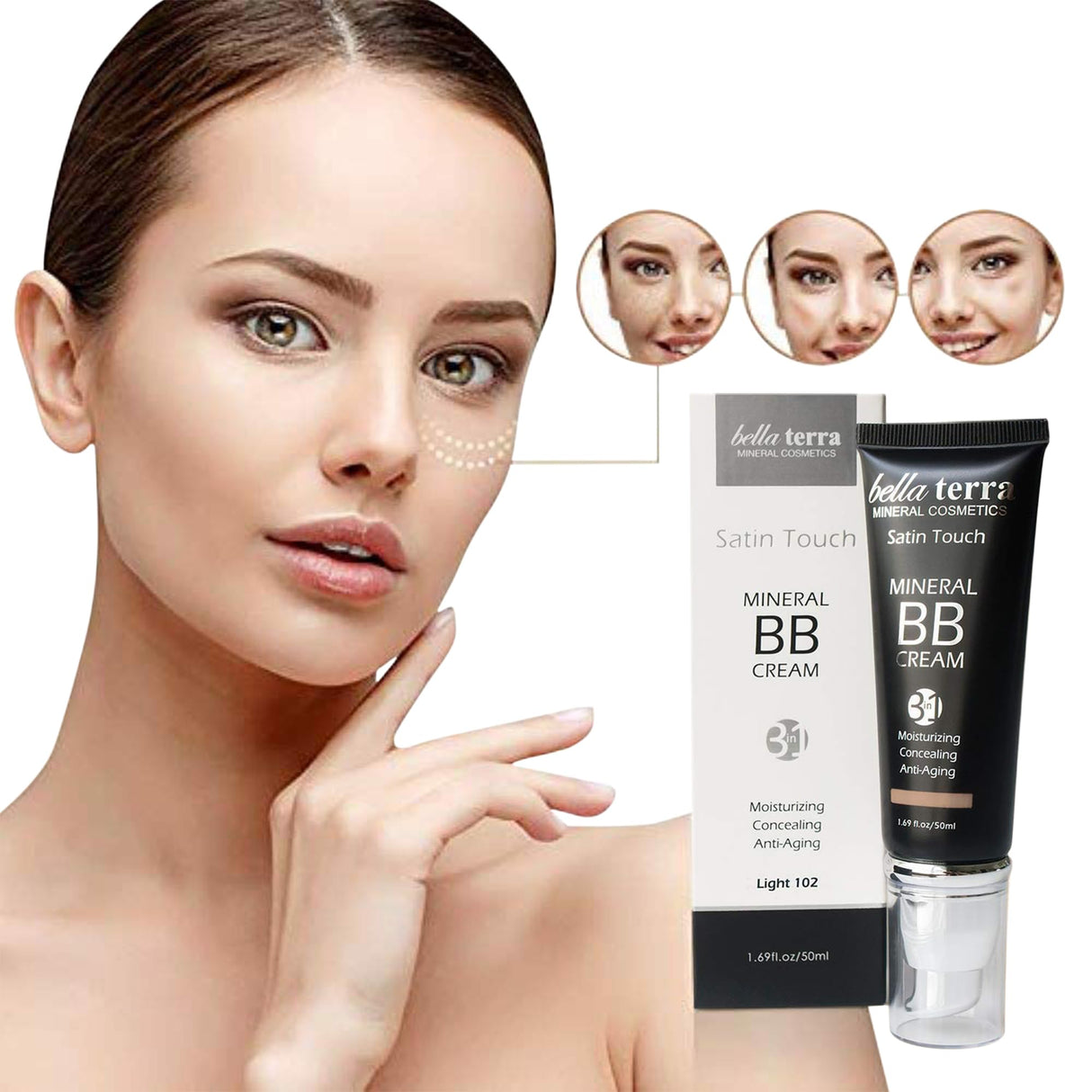 Bellaterra Cosmetics BB Cream - Tinted Moisturizer, Mineral Foundation Makeup, Light 102 | Skin Perfector, 1.69 oz