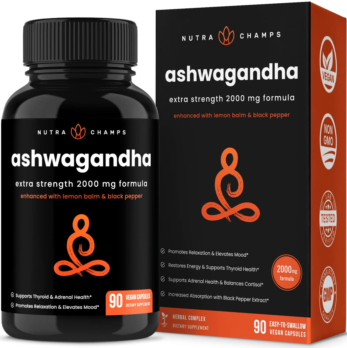 NutraChamps Organic Ashwagandha Capsules, 2000mg Adrenal Fatigue, Thyroid & Mood Support Ashwagandha Supplements, Ashwagandha Root Powder & Lemon Balm, Superior Absorption with Black Pepper