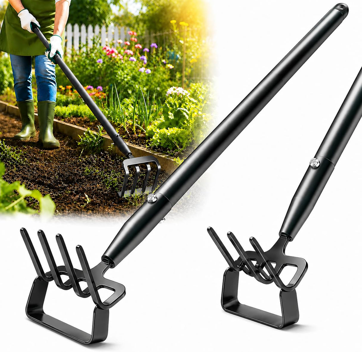 Garden Hoe with Rake, 37-82" Adjustable Long Handle Stirrup Weeder Hoe & 4-Tine Cultivator, Heavy Duty Scuffle Loop Hoe for Fast Weeding, Soil Loosening, Flower Beds, Vegetable Gardens