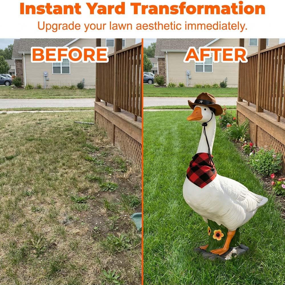 Premium Adjustable Large Porch Goose Statue – 14 Inch Realistic Hollow Plastic Garden Goose with Removable Cowboy Hat & Bandana, Stone Base with Sand-Fillable Design for Outdoor Stability (White)