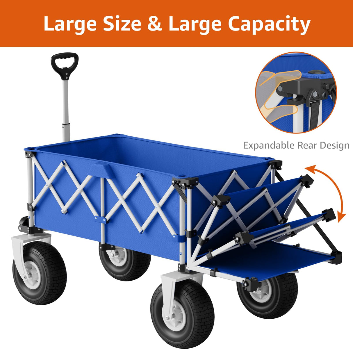 Blue Beach Wagon with Big Wheels for Sand - Heavy Duty 10" Wheel Collapsible Wagon Foldable Large Cart Folding All Terrain for Camping