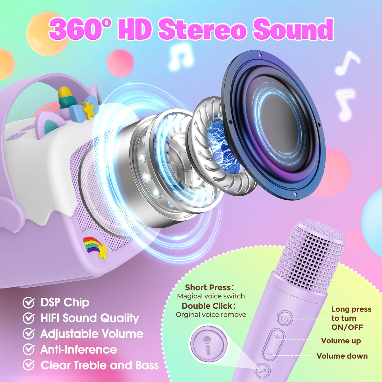 Mini Karaoke Machine for Kids Girls: Unicorn Portable Bluetooth Speakers With 2 Wireless Mic Toys for Girls age 4-6 7 8 9 Years Old Girl Christmas Birthday Gifts for 5 6 7 8 9 10 11 Years Teens Purple
