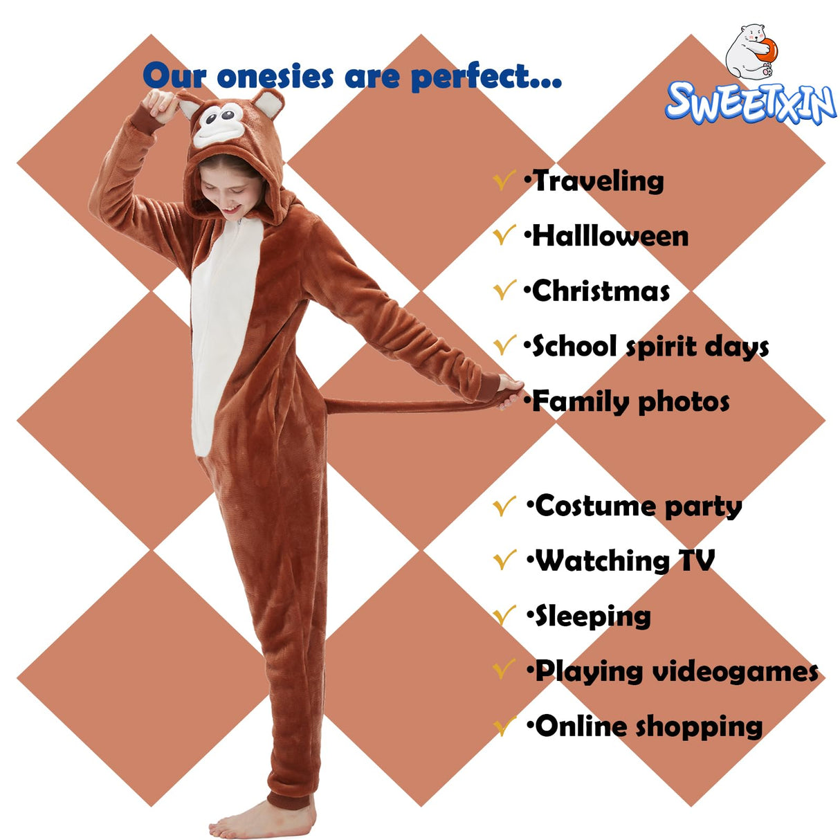 SWEETXIN Adult Unisex Brown Monkey Onesie Pajamas Halloween Christmas Cosplay Costume Suit for Women and Men (Small, Monkey)