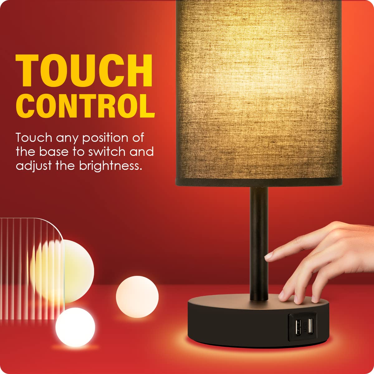 Yarra-Decor Bedside Lamp with USB Port - Touch Control Table Lamp for Bedroom 3 Way Dimmable Nightstand Lamp with Round Black Fabric Shade for Living Room, Dorm, Home Office (LED Bulb Included)