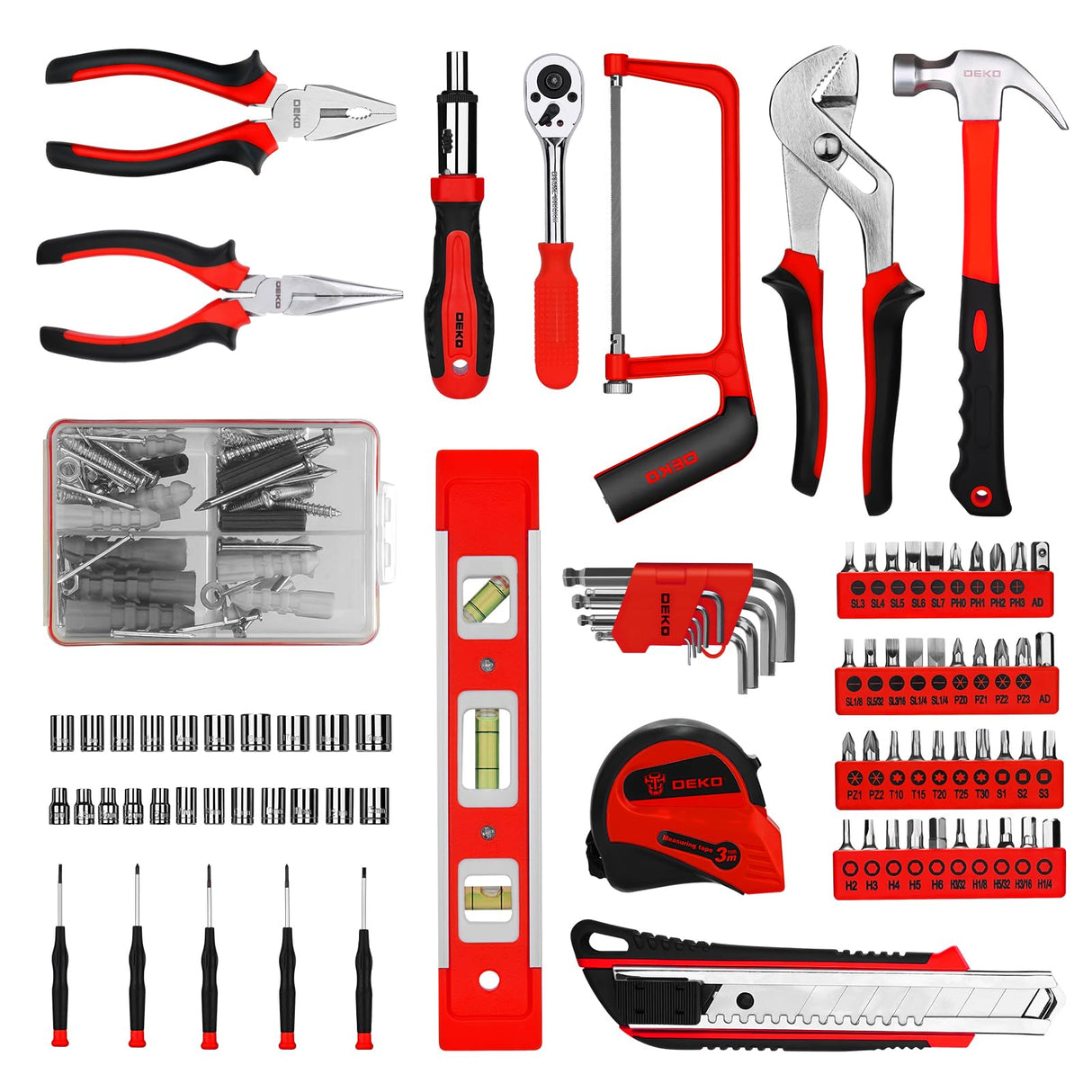 DEKOPRO Tool Set:228 Piece Home Tool Kit, Household Basic Repair Tool Set Comes with Plastic Storage Case, Socket Wrench Set for Car-Red