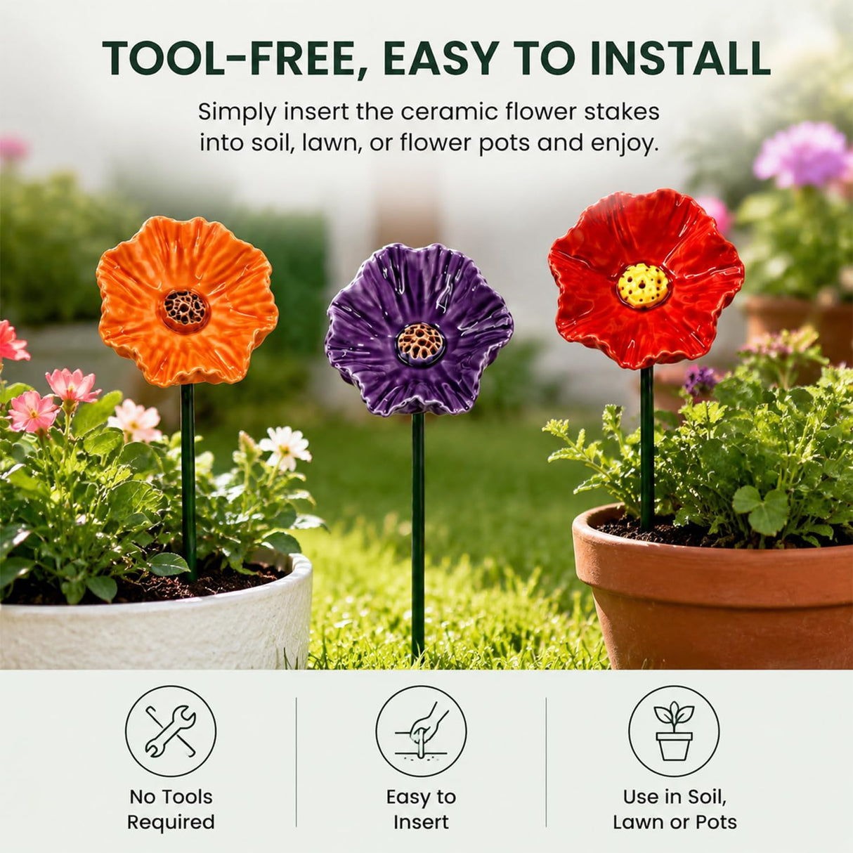 Handmade Ceramic Mini Pollinator Water Station – Colorful Flower Stake, Bee & Butterfly Feeder, Miniature Hummingbird Bath, Outdoor Garden Art Gift for Nature Lovers (6-Pack)