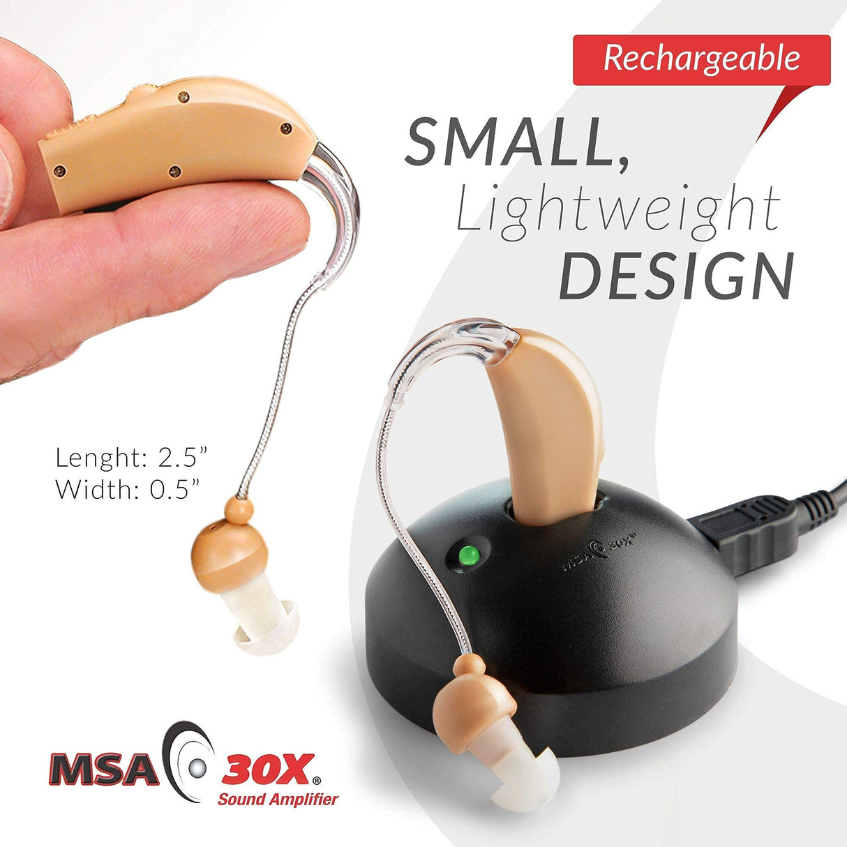 MSA 30X Behind the Ear Sound Amplifier, Amplifies Sound by 30 Times, Lightweight, Virtually Invisible, Comfortable, Adjustable Volume, Fast Charging, Nude, 1ct