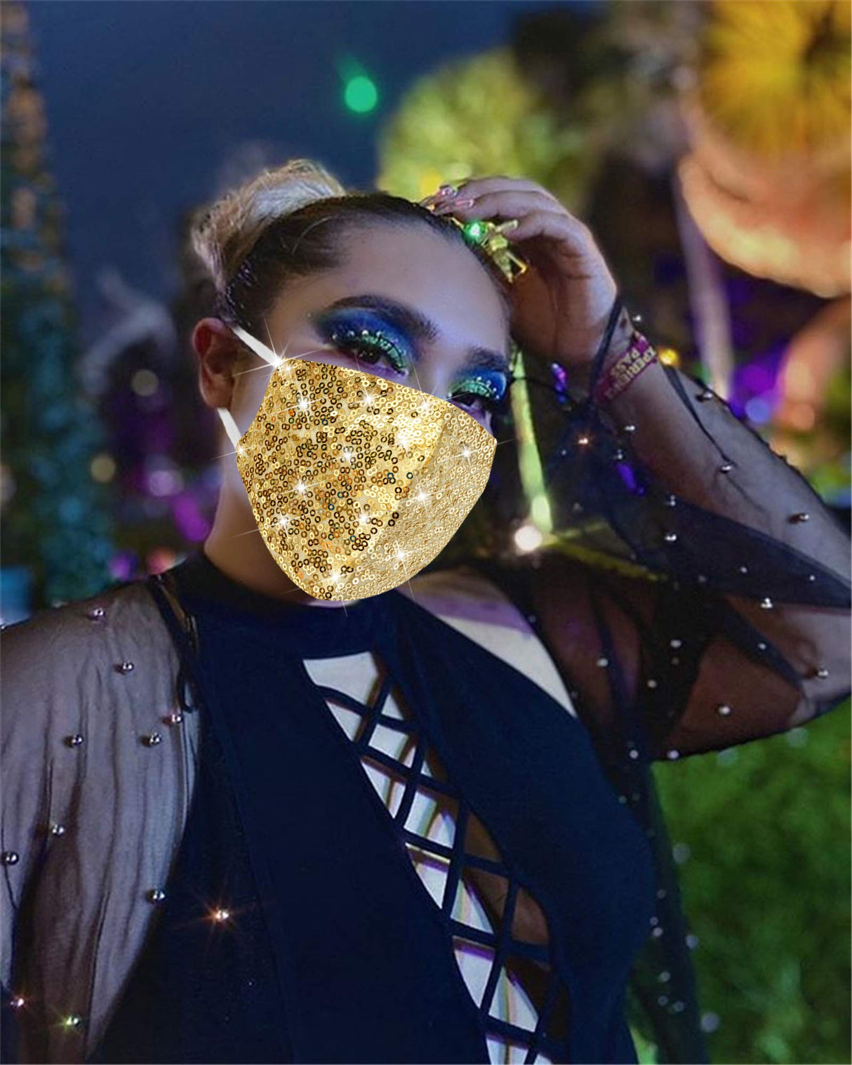 MLGDA Sparkly Sequins Mouth Masc Fashion Designer Glitter Cotton Face Cover With Adjustable Ear Loops Reusable Masquerade Party Nightclub Rave Festival Sequins Face Covering (Gold)