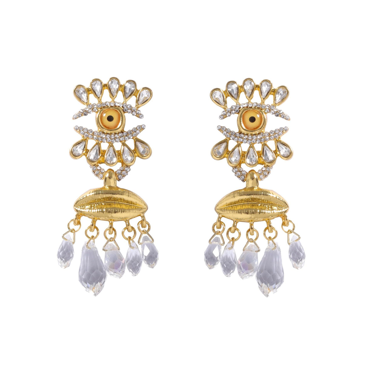 RELOVET Crystal Eye Drop Earrings, Gold-Plated Statement Dangle Earrings with Teardrop Crystals and Lip Design Large Earrings for Women