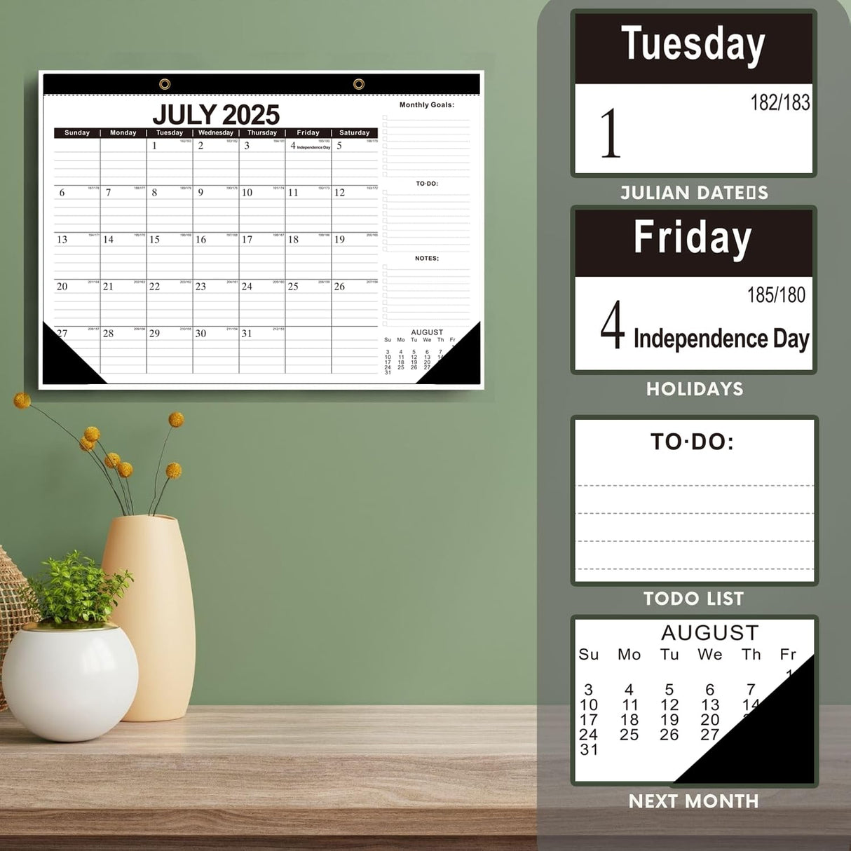Wall Calendar 2025-2026 with Julian Date,Desk Calendar Wall Calendar from July 2025 to December 2026,18 Months Calendar 17"×12" Thick Paper for Office School Home