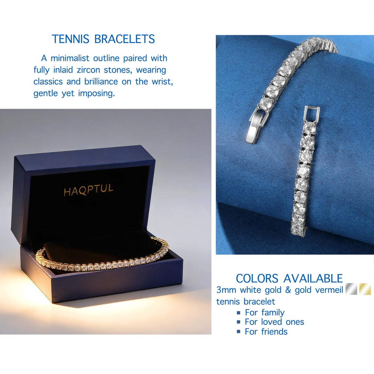 Haqptul 18K Gold/Sterling Silver Plated Tennis Bracelet for Women Men Cubic Zirconia White Gold Diamond 3mm Size 6.5-7.5 Inch