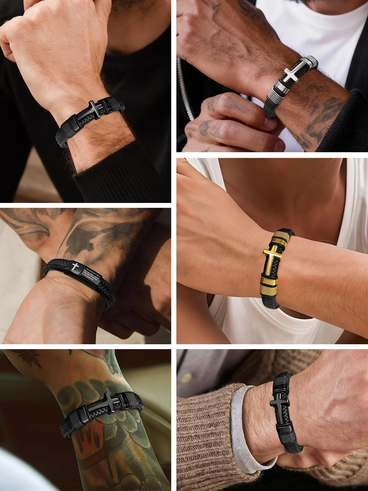 Black Cross Cuff Bracelet for Men,Stainless Steel Braided Leather Bible Verse Bracelet with Joshua 1:9 Inspirational Faith Gift for Dad,Brother,Son,Religious Baptism and Confirmation Gifts 8.3 Inch