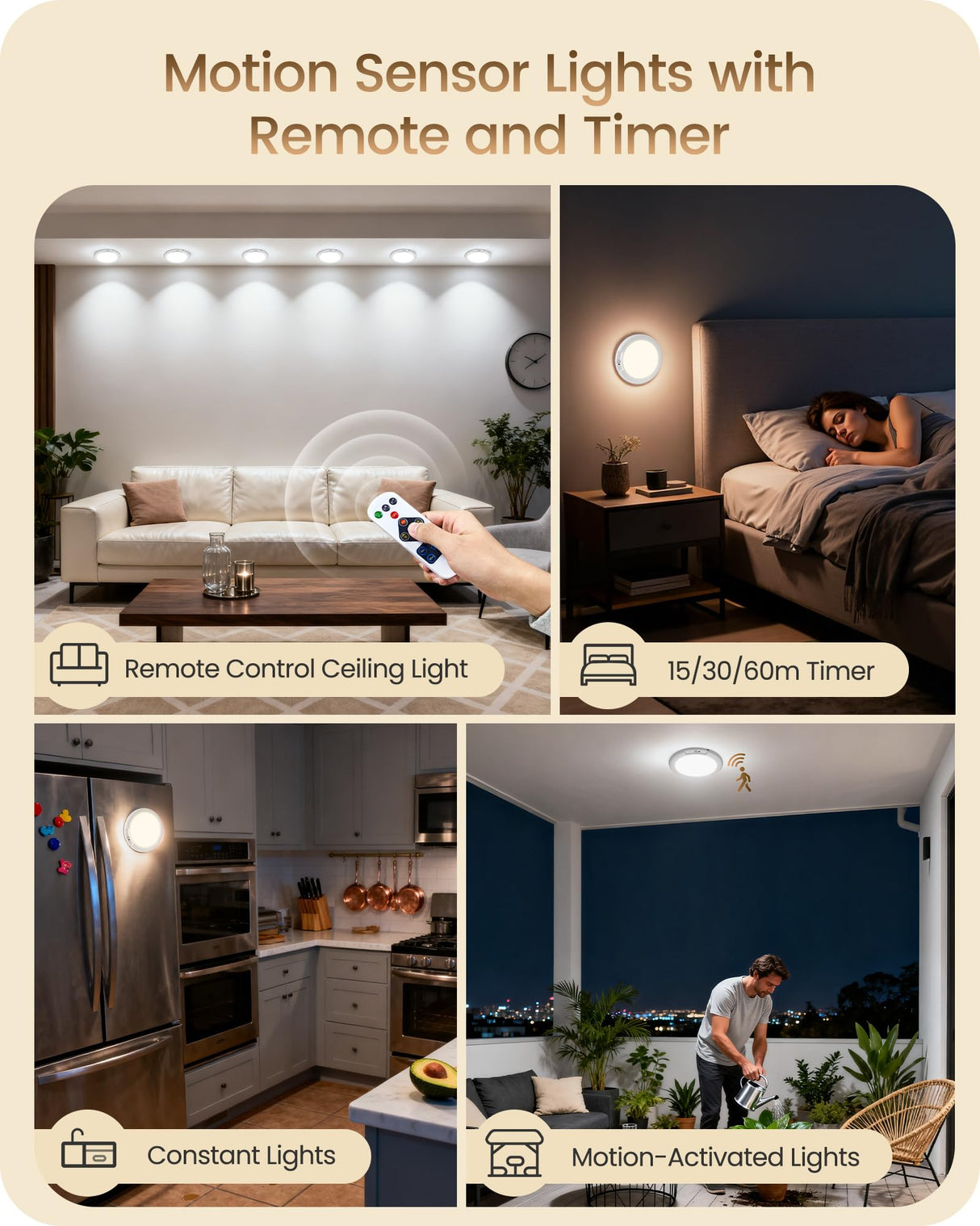 Rechargeable Motion Sensor Ceiling Light with Remote, Wireless Ceiling Light Battery Operated, No Wiring, Magnetic, Dimmable Shower Light, Timer, 3 Color 6000K, Rechargeable Light for Closet Hallway