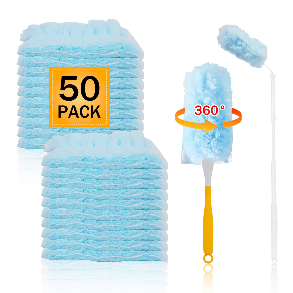 50PCS 360° Duster Refill for Swiffer Duster, Heavy Duty Refills Disposable Microfiber Duster Feather Duster Kit with1 Short Handle and 1 Extenda Handle