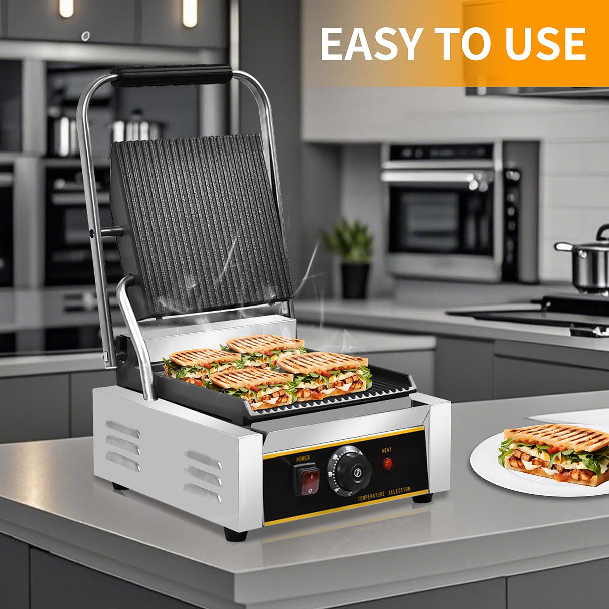 HTTSICHI Commercial Panini Press - 1800W Commercial Electric Panini Sandwich Grill w/Nonstick Coating & Adjustable Temp, Panini Grill Press w/ 9" x 9" Cooking Pan, Double-sided Heating