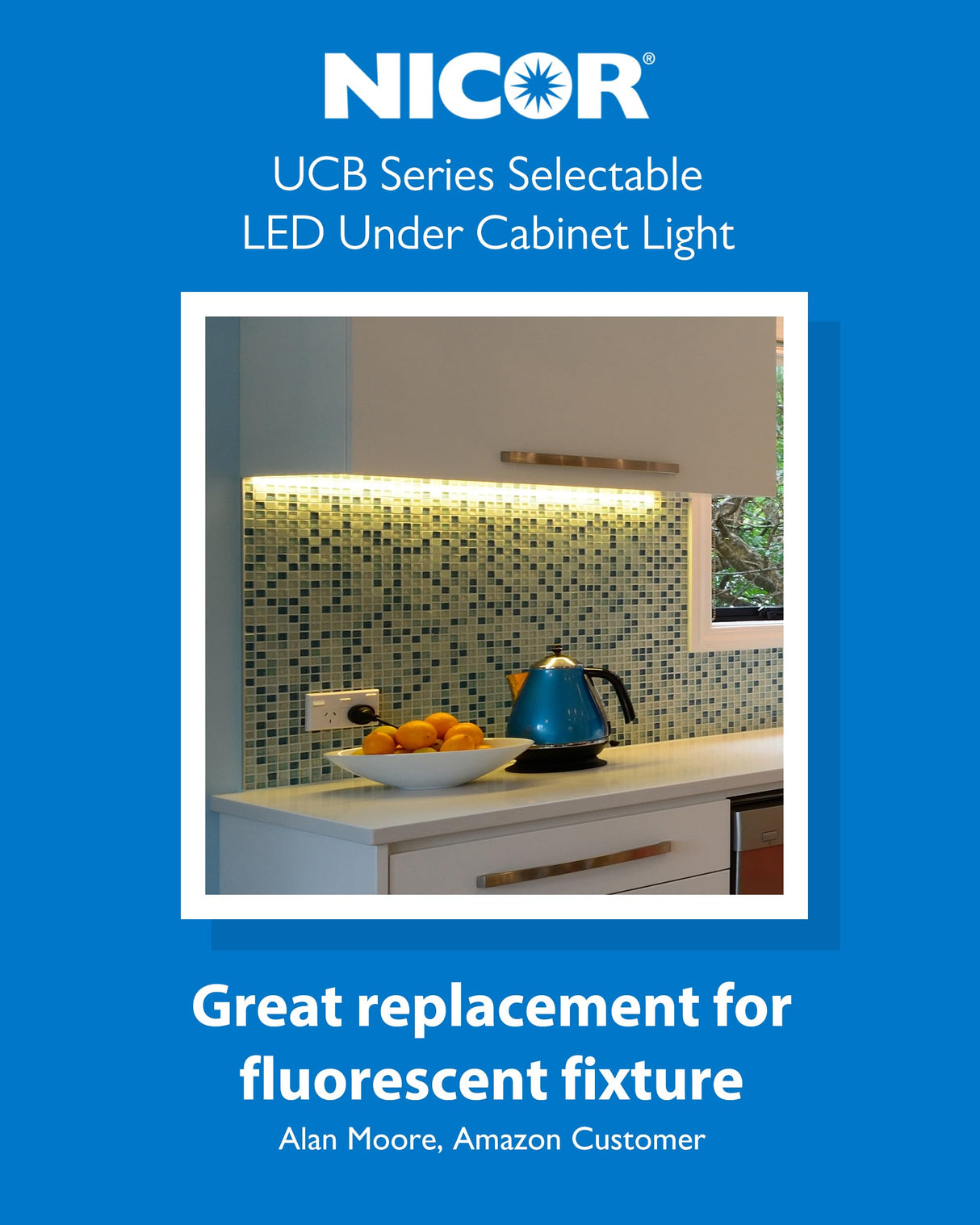 12” LED Direct Wire Under Cabinet Light with On/Off Switch - Dimmable LED Lights for Kitchen - Selectable CCT 2700K-5000K, 340-360 Lumens, 5W - UCB Hardwired Under Cabinet Lighting by NICOR Lighting