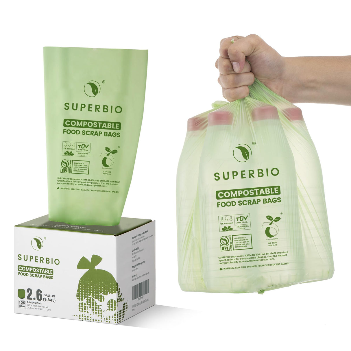 SUPERBIO 2.6 Gallon Compostable Food Waste Bags, 100 Count, 1 Pack, Flat Top Food Scrap Bags, ASTM D6400,Certified by BPI and OK compost INDUSTRIAL,9.84L