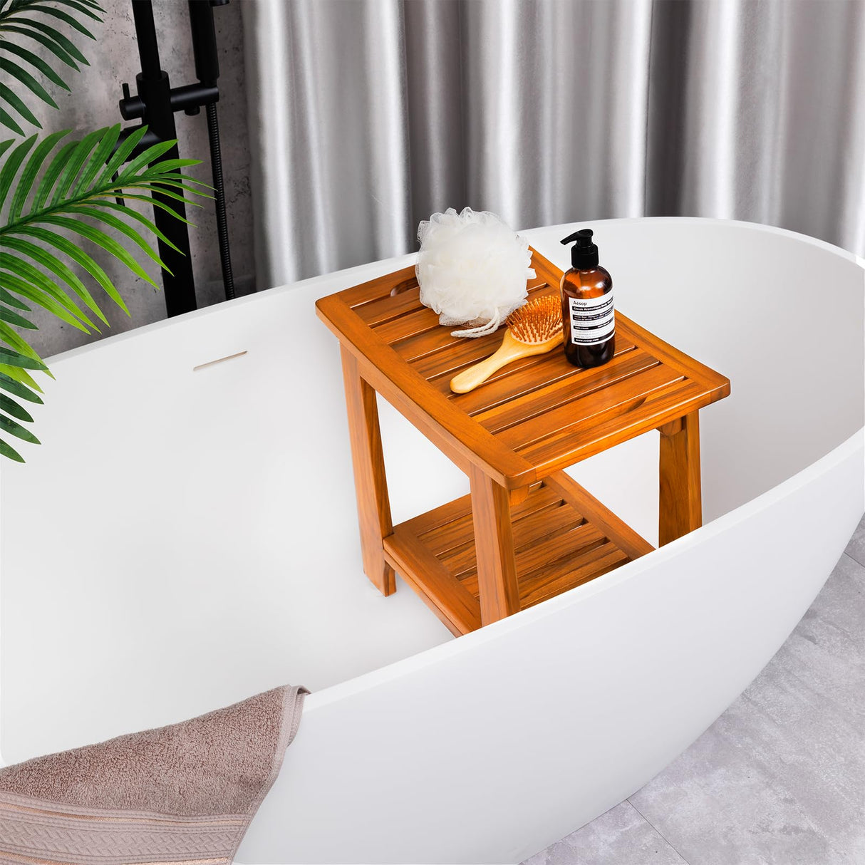 NNN 14" Compact Teak Shower Stool with Shelf & Handle - Waterproof, Non-Slip Bath Bench for Small Bathrooms/Outdoor Use, 300 lbs Capacity (Patented)