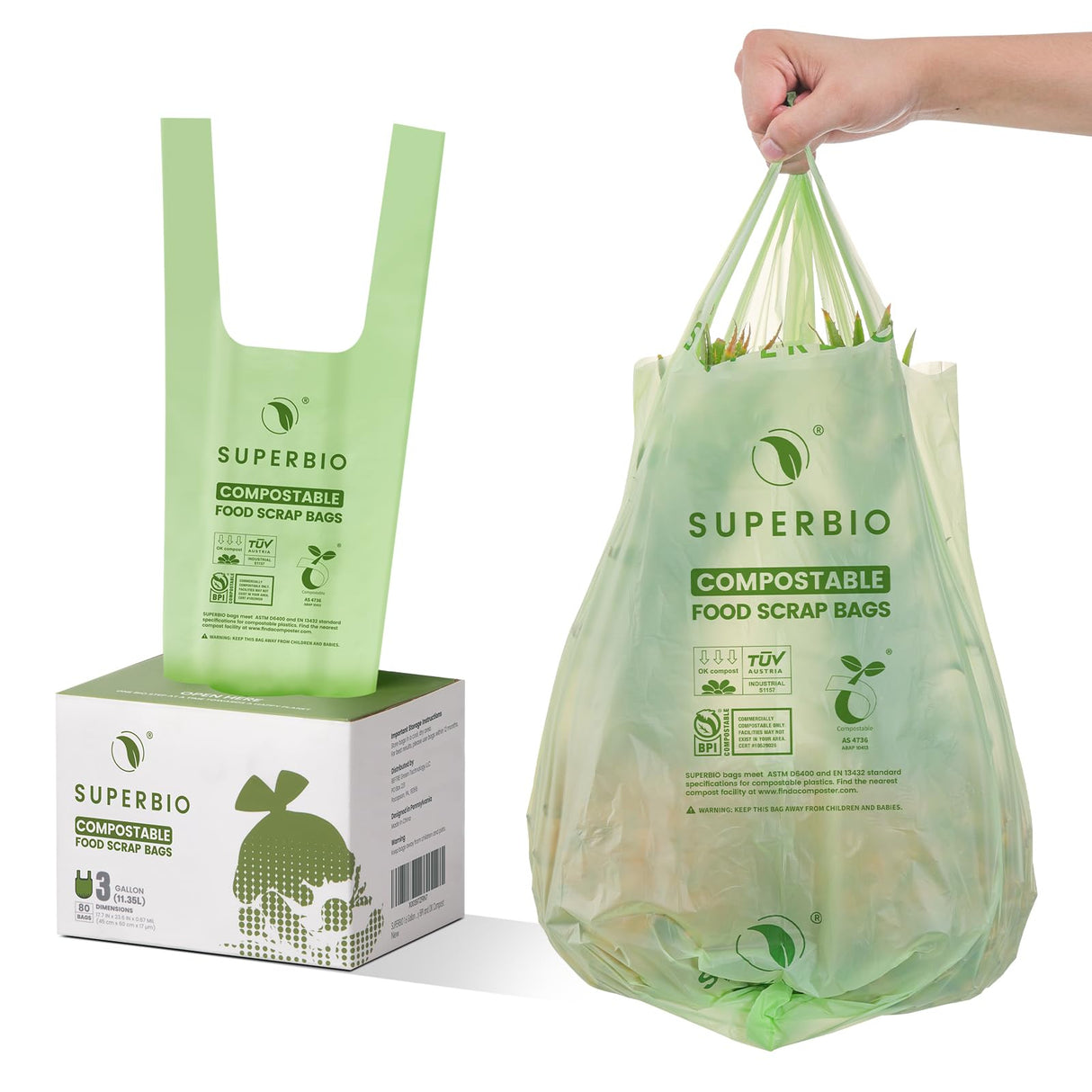 SUPERBIO 3 Gallon Compostable Food Waste Bags, 80 Count, Food Scrap Bags with Handles, ASTM D6400, BPI and OK compost INDUSTRIAL
