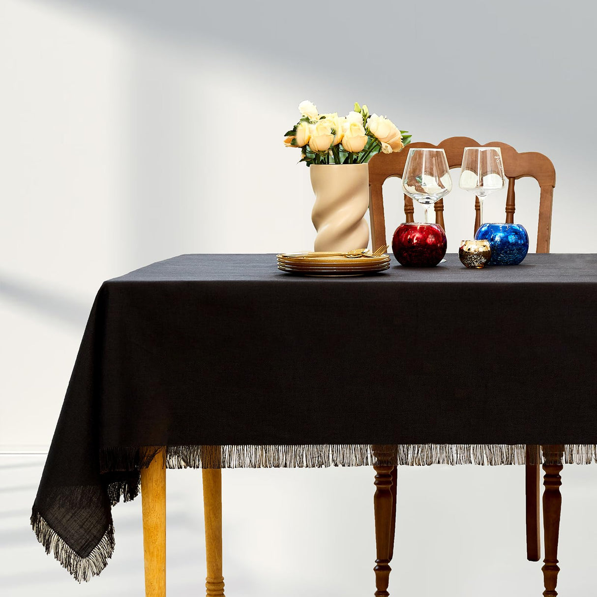 Midsummer Breeze Table Cloth Rectangle Table-Rustic Cotton Tablecloth Craft Fringed Farmhouse Table Cloths for Halloween Thanksgiving Christmas Kitchen Dining (55x70 Inch, Black)