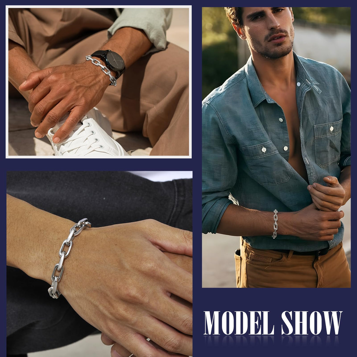 VNOX Link Chain Bracelets for Men - Cool Mens Bracelets Diamond-Cut Paperclip Solid Chain Bracelet Chunky Stainless Steel Jewelry Trendy Gifts for friend Teen (Silver, 8)