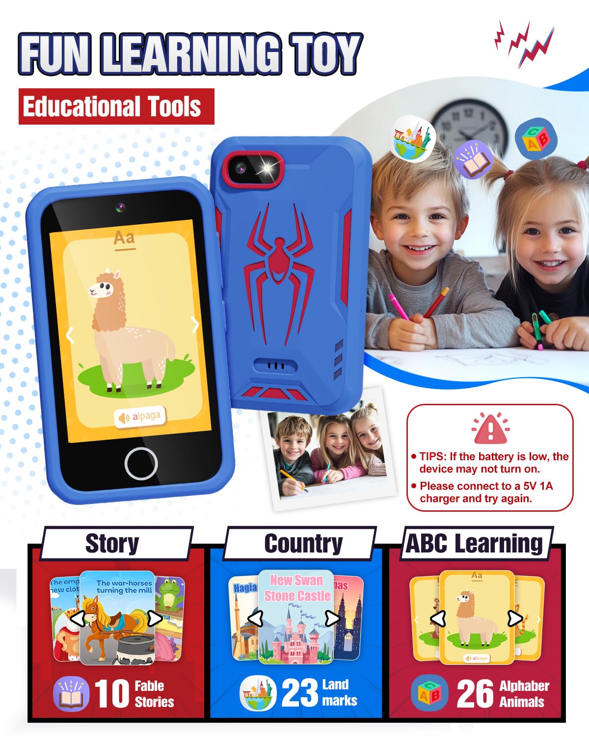 Kids Smart Phone, Spider Toys Phone for Boys 3 4 5 6 7 8 Years Old, Dual Camera, 3.5'' Touchscreen Kid Phones, Educational Toy for Toddler Kids Christmas Birthday Gifts, ABC Learning, Habit Tracker