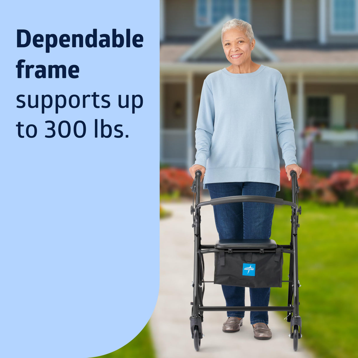 Medline Lightweight Aluminum Rollator Walker for Adult Mobility Impairment, Black, 300 lb. Weight Capacity, 8" Wheels, Foldable, Adjustable Handles, Walker for Seniors