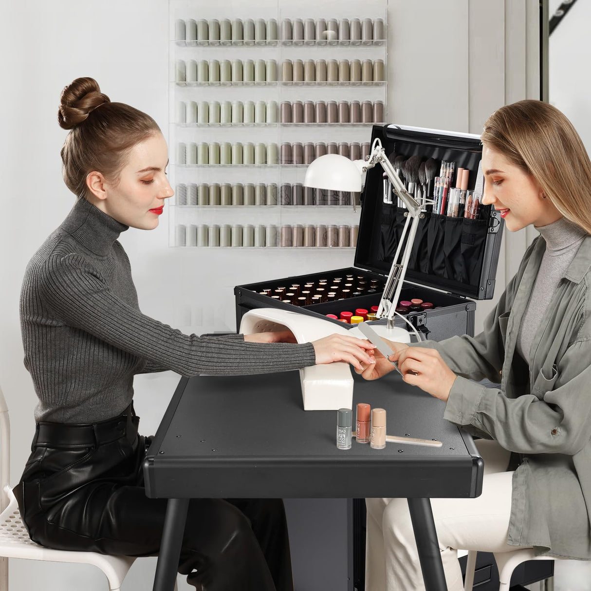 Joligrace Rolling Manicure Table 5 Drawers Makeup Case Foldable Nail Desk Cosmetology Case on Wheels Nail Tech Table with Brush Pouch for Technician Workstation Mobile Makeup Artist Trolley Black