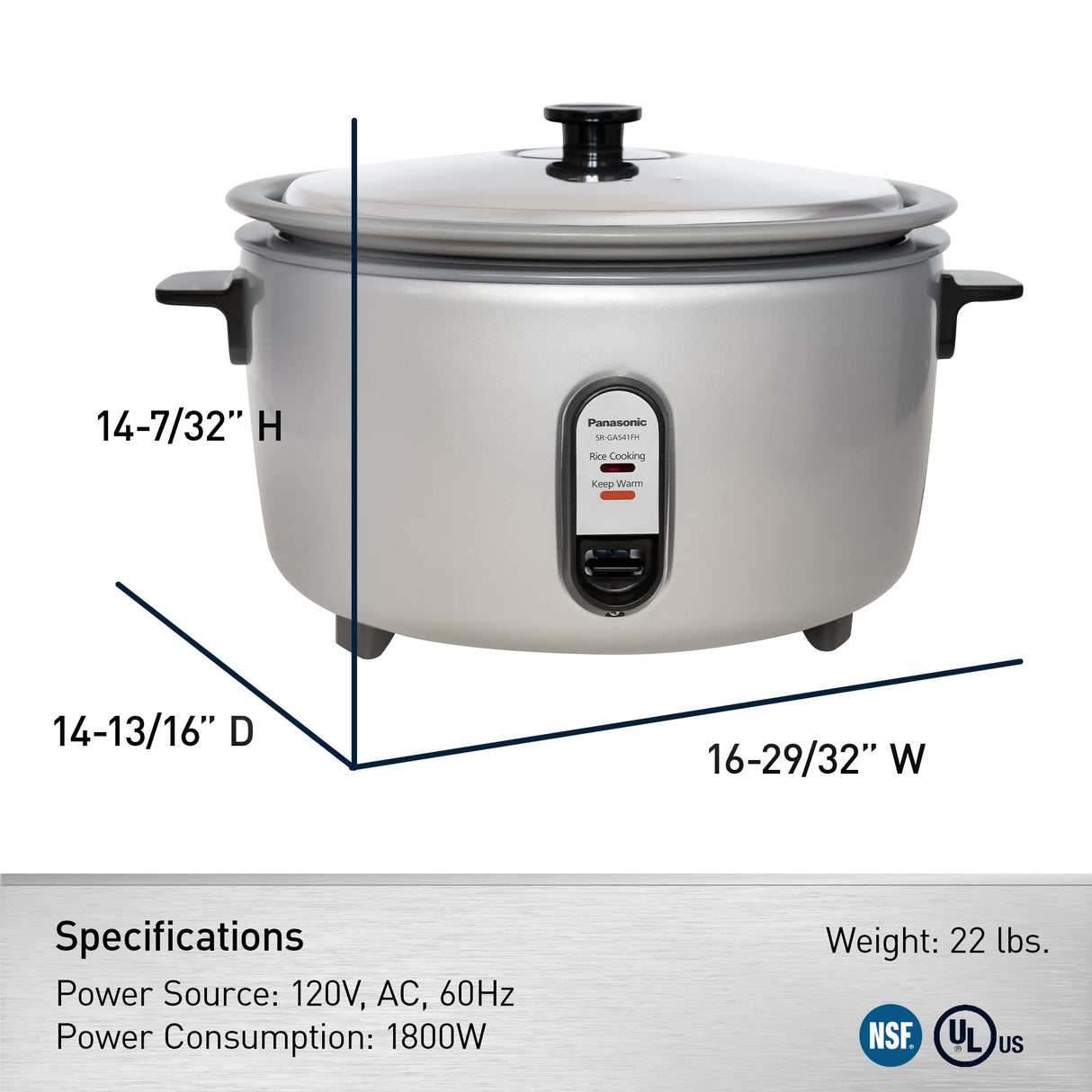 Panasonic Commercial Electric Rice Cooker, 120V Extra-Large Capacity 60-Cup (Cooked), 30-Cup (Uncooked) with One-Touch Operation - SR-GA541FH - Silver