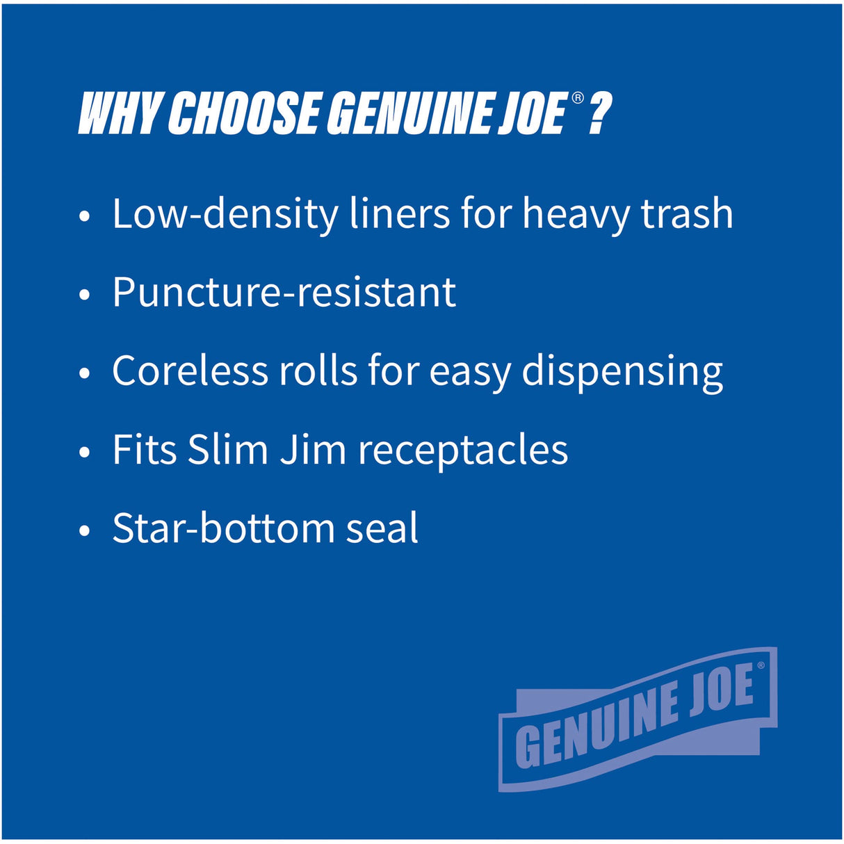 Genuine Joe Low Density Can Liners, 28.5" x 43", 23 gal Capacity, 1.0 mil, Black, Fits Slim Jim Receptacles, 150 Count