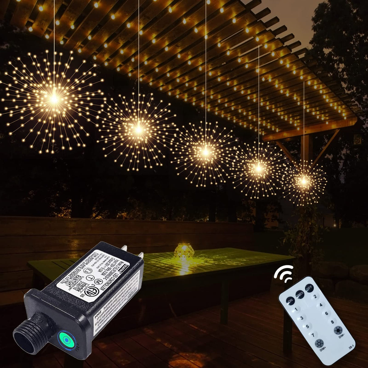 PXBNIUYA 5 Pack 1000LED Plug in Starburst Sphere Lights,Firework Light 8 Modes Dimmable Remote Control Waterproof Hanging Copper Wire Fairy Light for Patio Party Tent Christmas (Warm White)