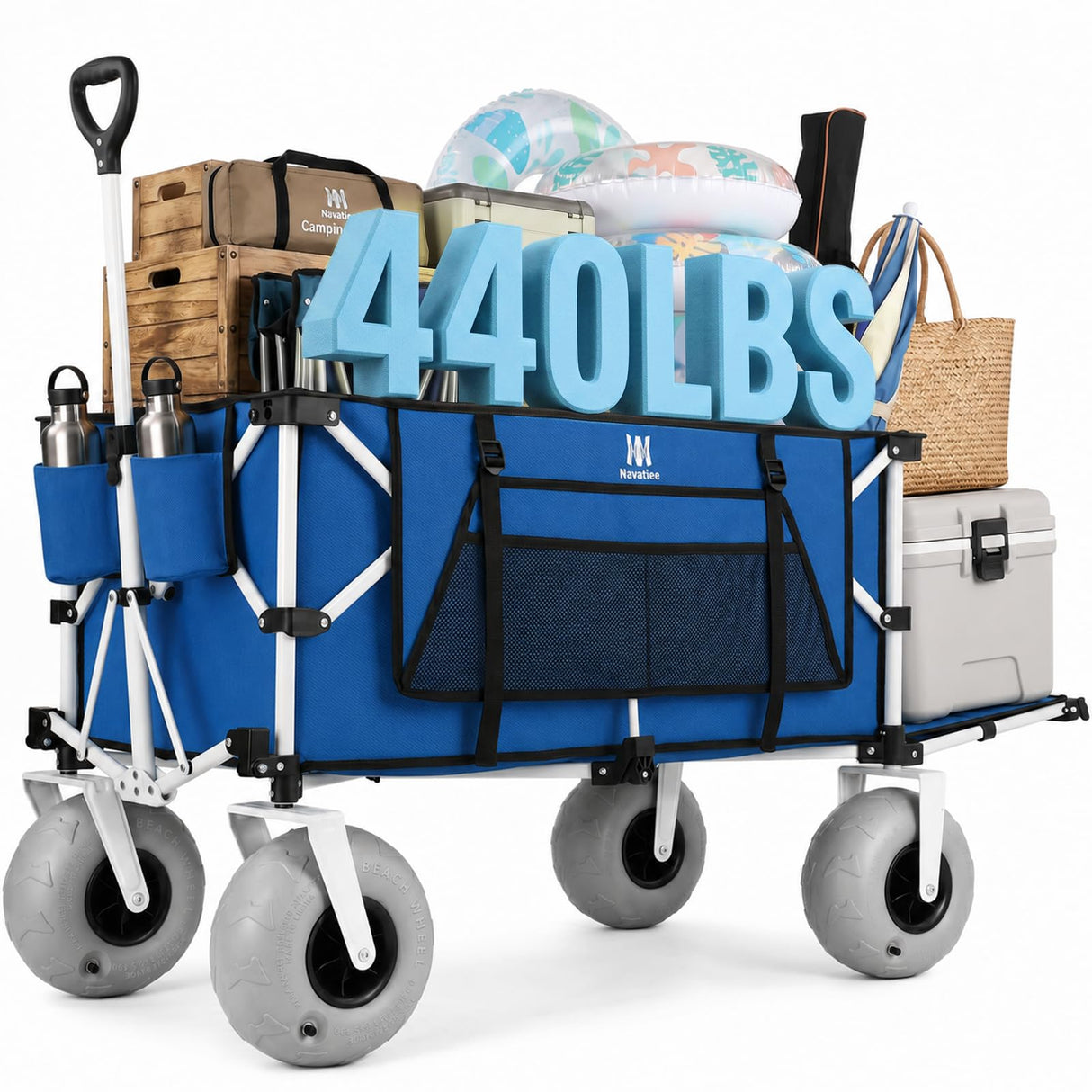 Navatiee 260L Beach Wagon with Extended Tailgate, 440lbs Heavy Duty Beach Cart with 9” Big Balloon Wheels for Sand, Collapsible Folding Wagon with Side Pocket for Outdoor, Blue